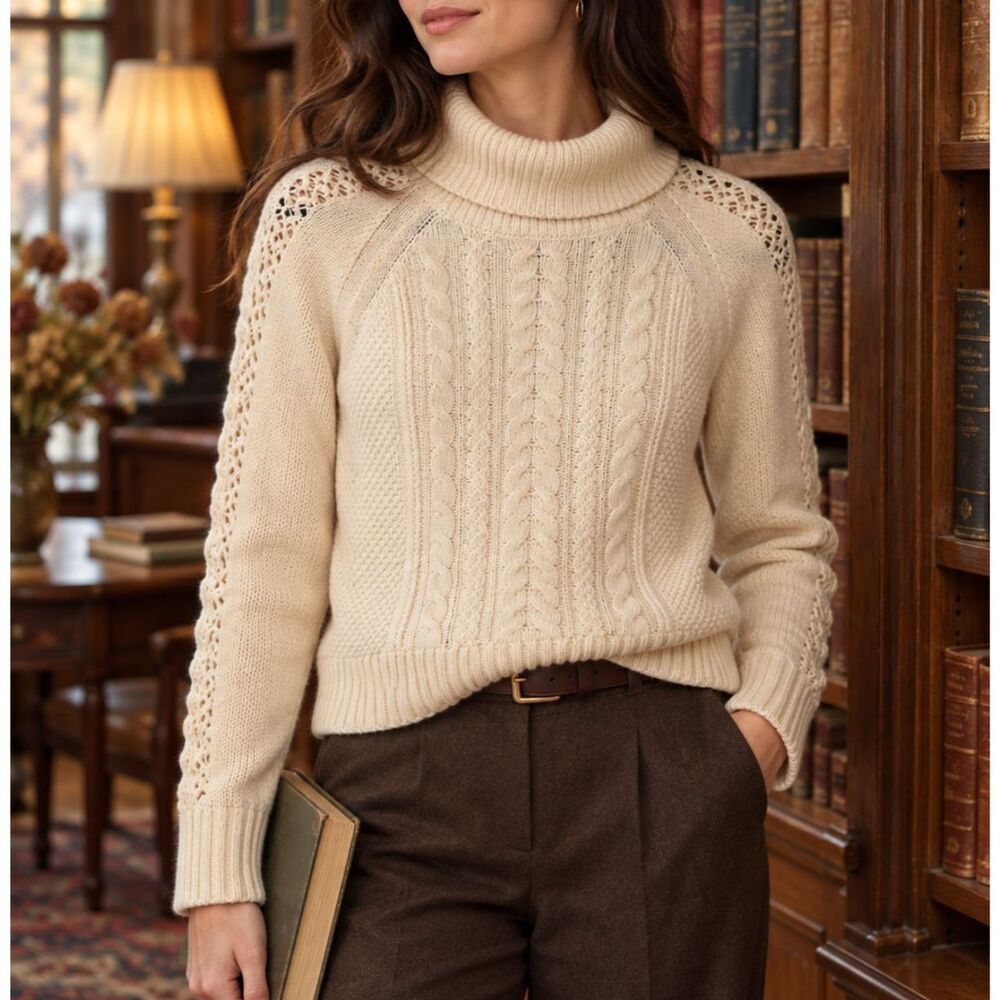 J.Crew Ivory Wool Blend Cable Knit Turtleneck Sweater Small Cozy Academia Winter